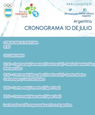 Juegos Panamericanos Toronto 2015: CRONOGRAMA 10 DE JULIO